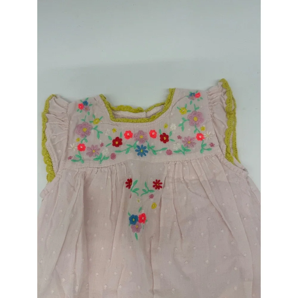 Boden Baby 18-24M Pink Floral Embroidered Dress Flutter Sleeve Boho Cottagecore